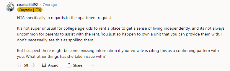 NTA, specifically regarding the apartment request.