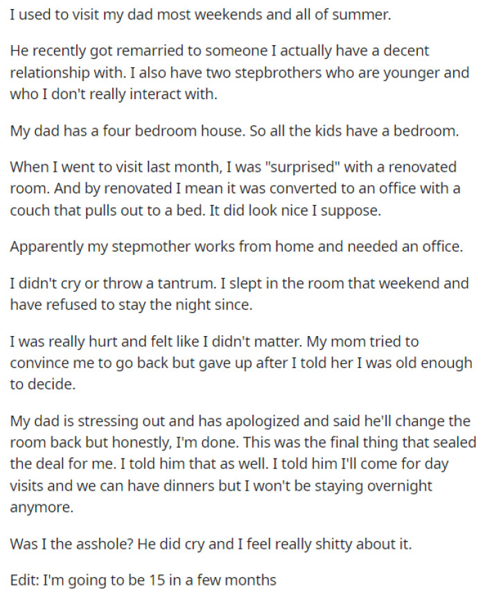 Here is OP's entire post where they talk about the situation that happened with their bedroom and why they told their dad that they won't be staying overnight anymore.