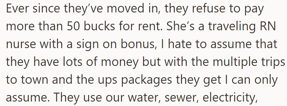 OP's sister pays just $50 for rent despite being a traveling RN with a sign-on bonus, hinting she may have more money than she claims.