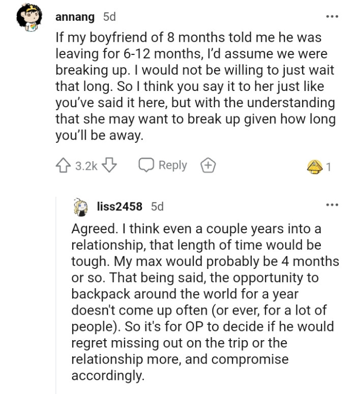 She may want to break up giving how long the OP will stay