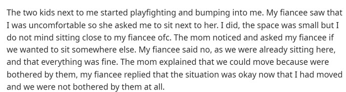 Then she details what happened and why she ended up moving seats, mentioning that the mom started talking to them about moving tables.