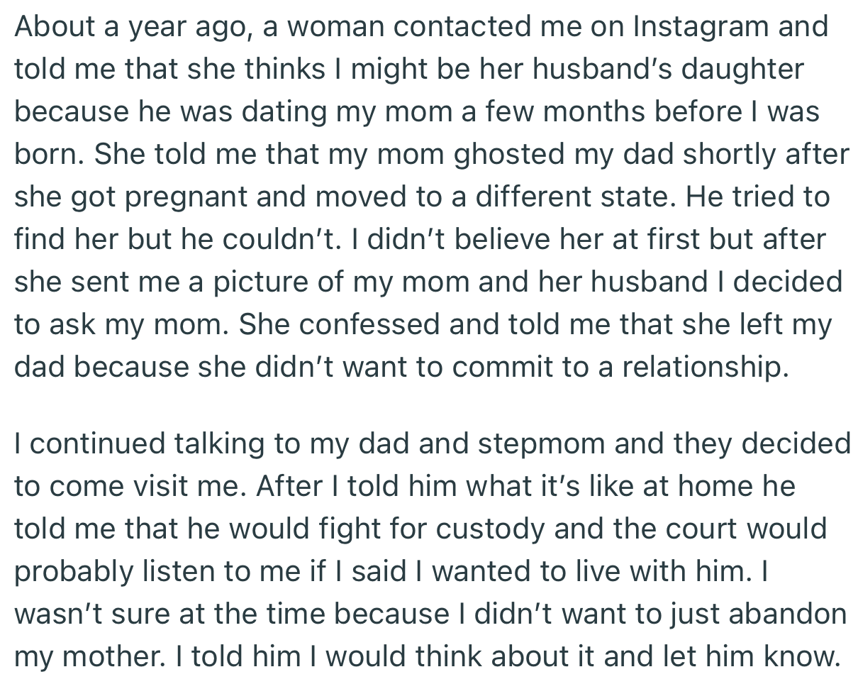 OP Was Able to Reconnect with Her Biological Father, Who Was Eager to Fight for Her Custody After Hearing What She Had Been Going Through