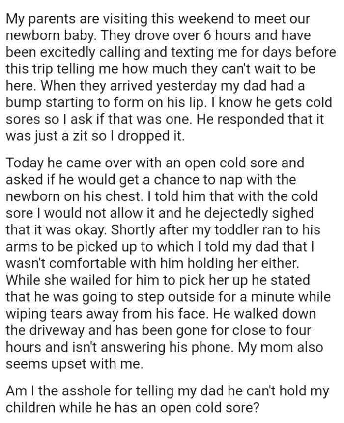 OP's toddler ran to his arms to be picked up, to which he told his dad that he wasn't comfortable