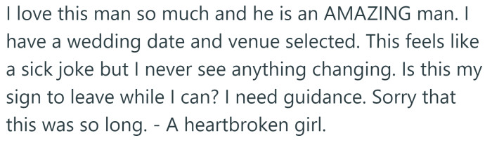 Now the OP is wondering if this is her sign to leave.