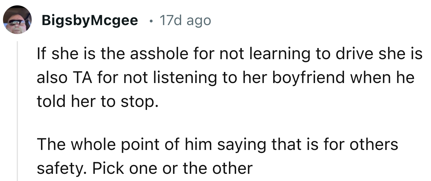 OP's Boyfriend Told Her To Stop For Everybody's Safety