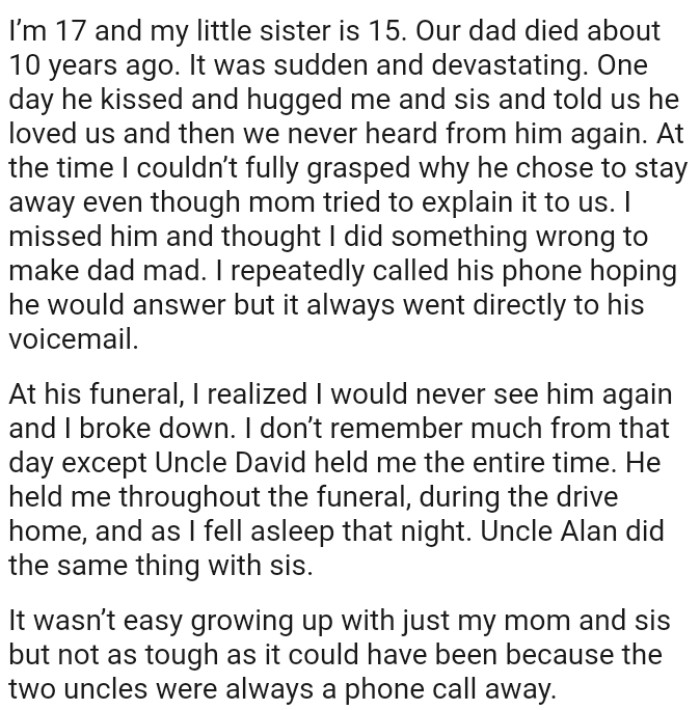 OP's dad kissed and hugged OP and her sister and told them that he loved them