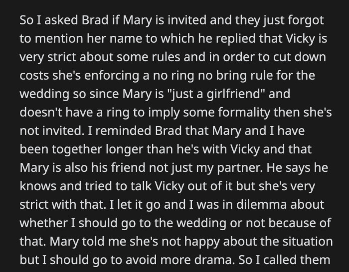 OP said he wasn't with her rule but he respected her choice