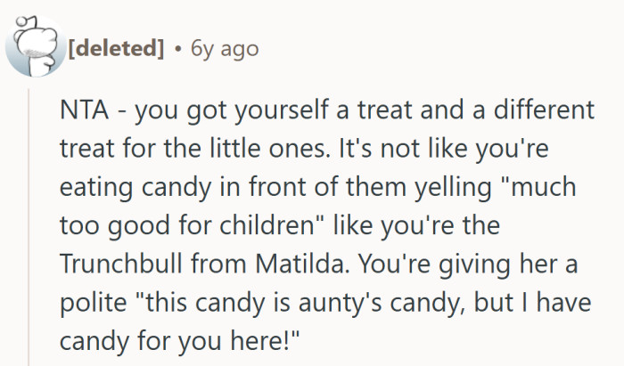 Auntie’s not hoarding Wonka bars—she’s just keeping the “grown-up candy” separate, not secret.
