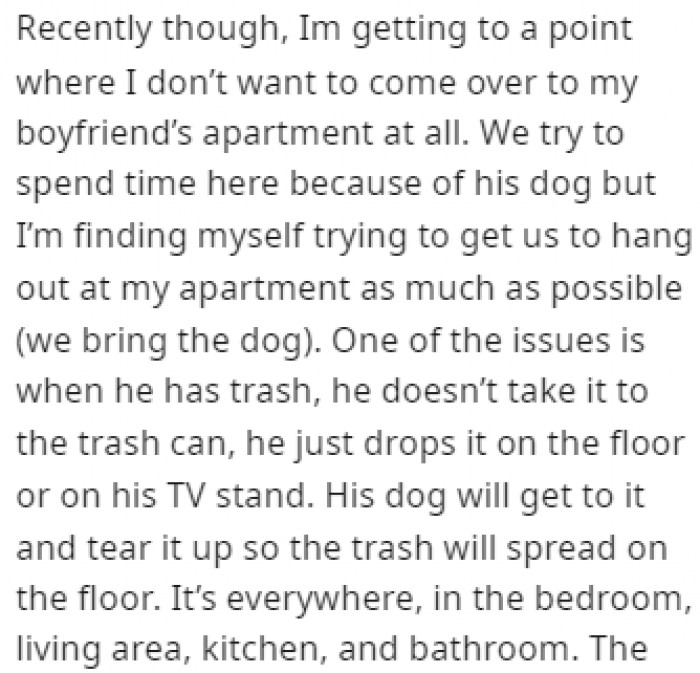 OP is slowly reaching a point where she doesn't want to come over to her boyfriend's place anymore because of how dirty it is