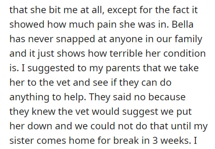 In that moment, OP realized the pain that Bella had undoubtedly been enduring—she had never freaked out like that before, to the point where she bites someone. OP feels bad for her and suggested taking her to the vet to help her.