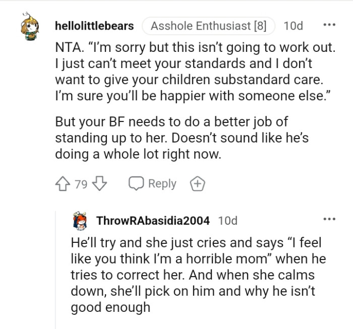 Your BF needs to do a better job of standing up to her