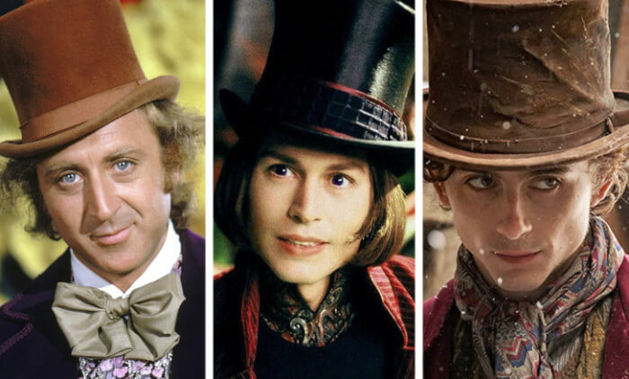 9. Gene Wilder, Johnny Depp, and Timothée Chalamet as Willy Wonka
