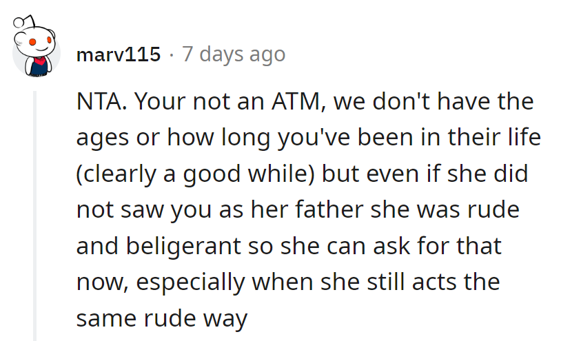 Not an ATM or a dad by choice. Rude behavior doesn't buy wedding favors.