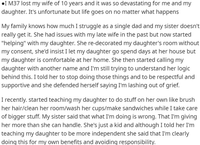As a single father, OP faces struggles; his sister started