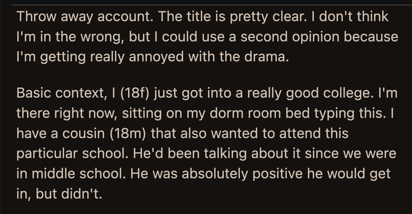 The day OP left for the semester, her cousin visited to warn her. He said they wouldn't be a family anymore if she went to that college.