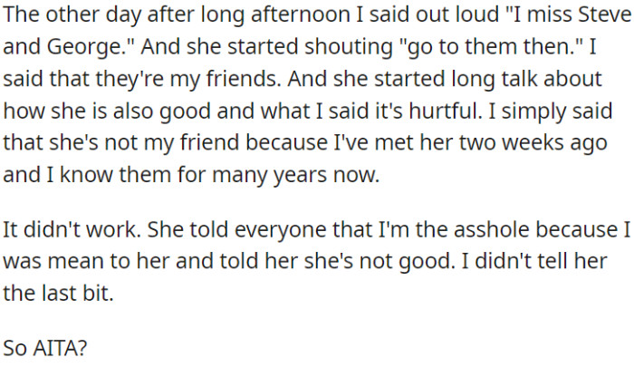 OP Expressed Missing Her Friends Steve and George to the New Bartender, but She Reacted Angrily and Portrayed OP as Mean and Not Good to Others.