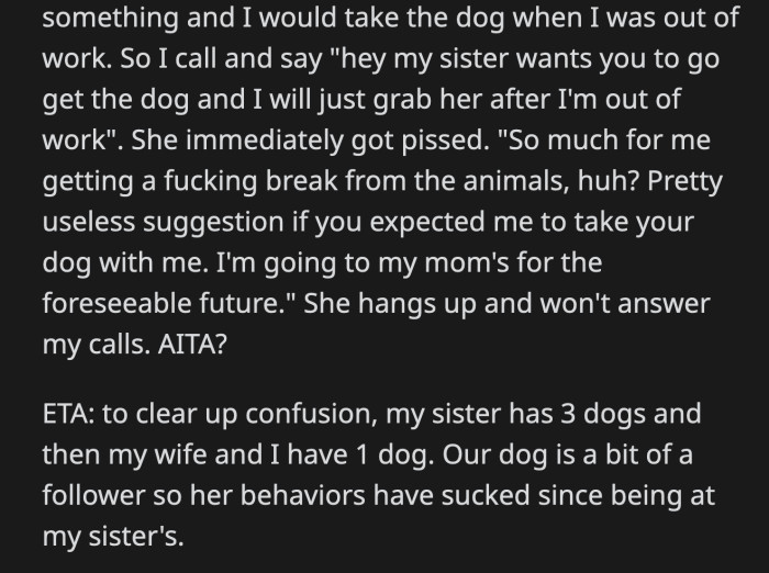 His fiancée said his suggestion for her to take a break was rendered useless. She said she would stay with her mom indefinitely before ending the call. She hasn't been answering OP's calls since.