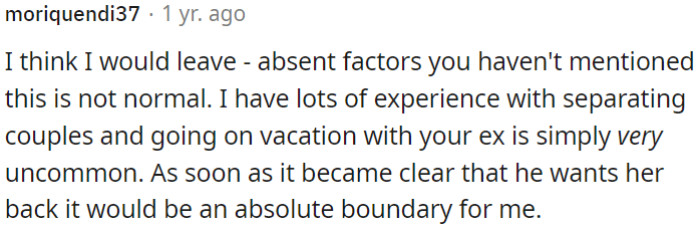 If it's apparent that he wants to rekindle their relationship, it should definitely be a clear boundary.