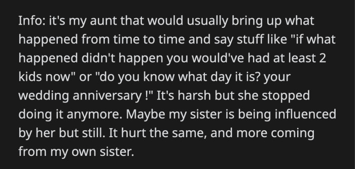 OP's aunt has always been insensitive about OP's canceled wedding. The 