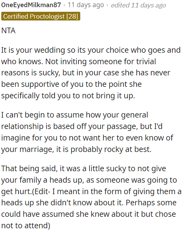 OP's wedding: his choice on the guest list.