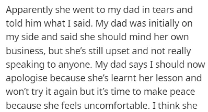 OP's dad stood on her side, but he still told her to apologize to Monica