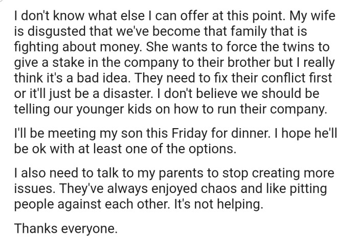 OP's wife is disgusted that the family has deteriorated to the point where they now fight each other because of money.