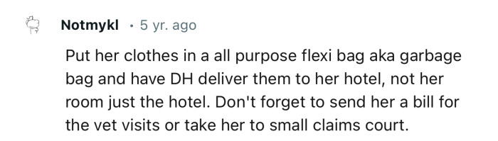 “Put her clothes in an all-purpose flexi bag, aka garbage bag, and have DH deliver them to her hotel.”