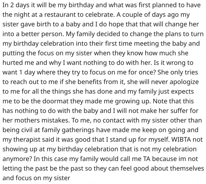 Would it be wrong if she snubbed her birthday party? Reddit responds.