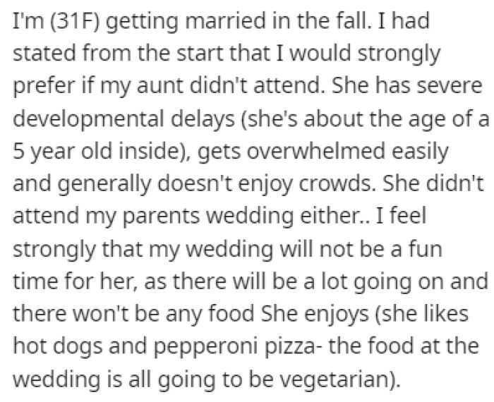 OP is getting married in the fall and she doesn't want her aunt to attend the wedding