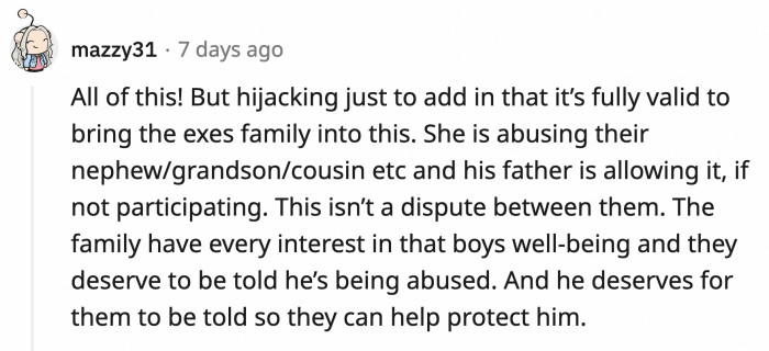 OP was not out of line for telling her son's family what was done to him by his father's new girlfriend