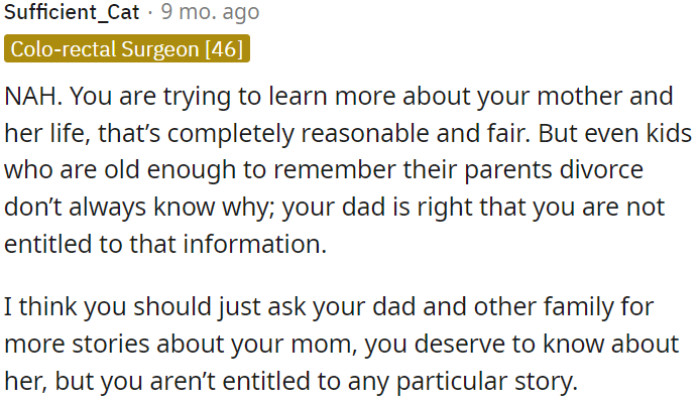 OP's dad is correct in saying that he isn't entitled to that specific information.
