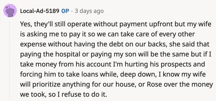 The hospital will operate even without an upfront payment from the patient. Amy just wants to settle immediately because she doesn't want to incur debts.