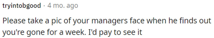 It would be interesting to see the manager's reaction when he discovers OP is absent for a week.