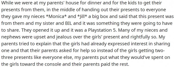 During a dinner at their house, OP's parents gave her nieces, Monica and Jill, a big box with a PlayStation 5 inside.