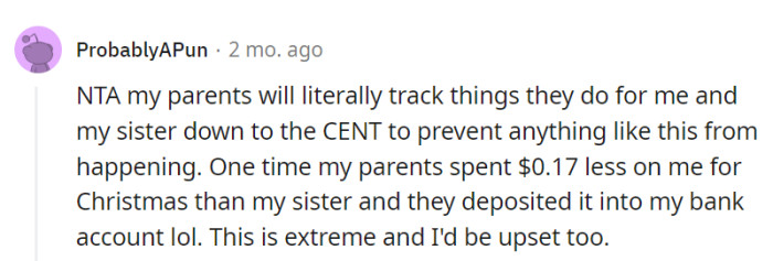 When their parents are conducting cent-level audits of favors, it's understandable for them to be upset—that's some next-level favoritism accounting!