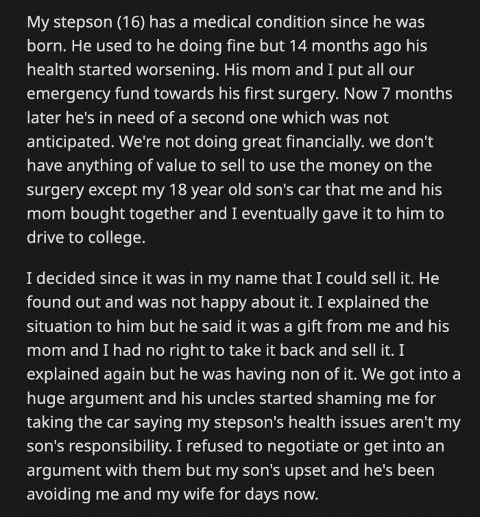 OP and His Ex Bought This Car for Their Son, Thinking It Would Be His Main Transportation When He Goes to College