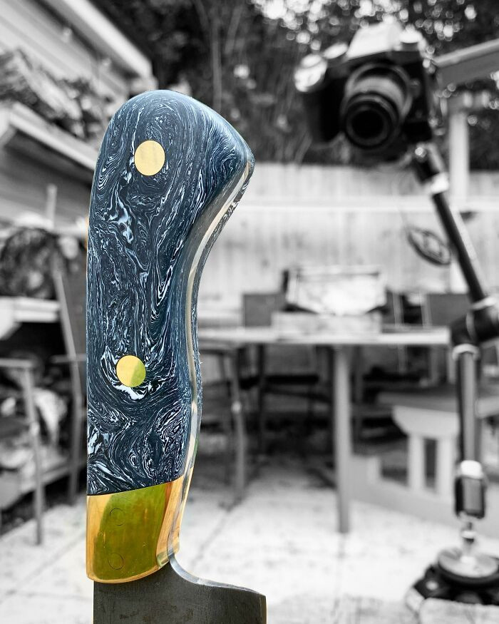 "Made Some Recycled Hdpe Plastic Scales For This High Carbon Steel Chef’s Knife. Love The Marbled Effect!"
