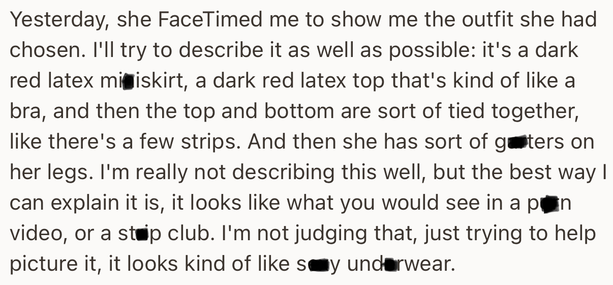 The plan was for Ellie to first spend time with the OP and her little sister before they both headed off to the club. However, Ellie’s planned outfit got the OP concerned