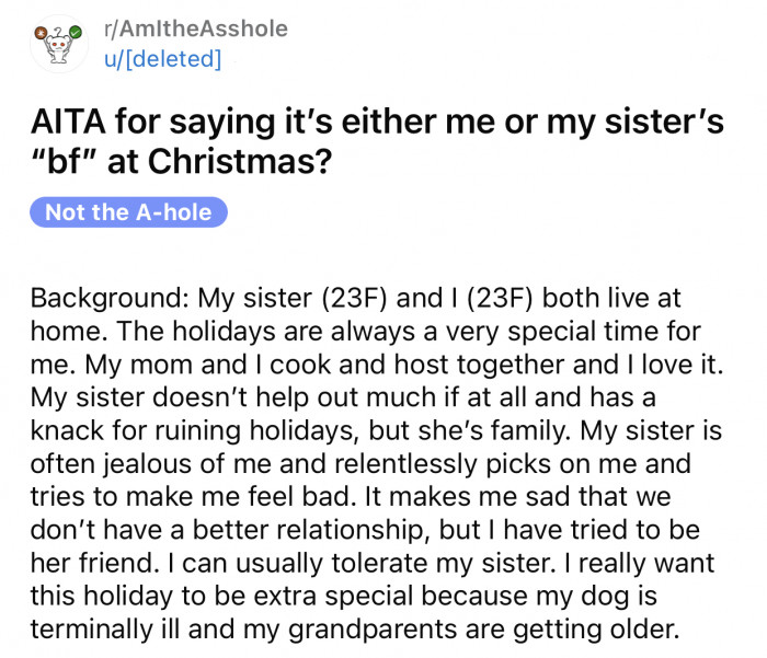 Here's the original post by a Reddit user who later deleted her account: