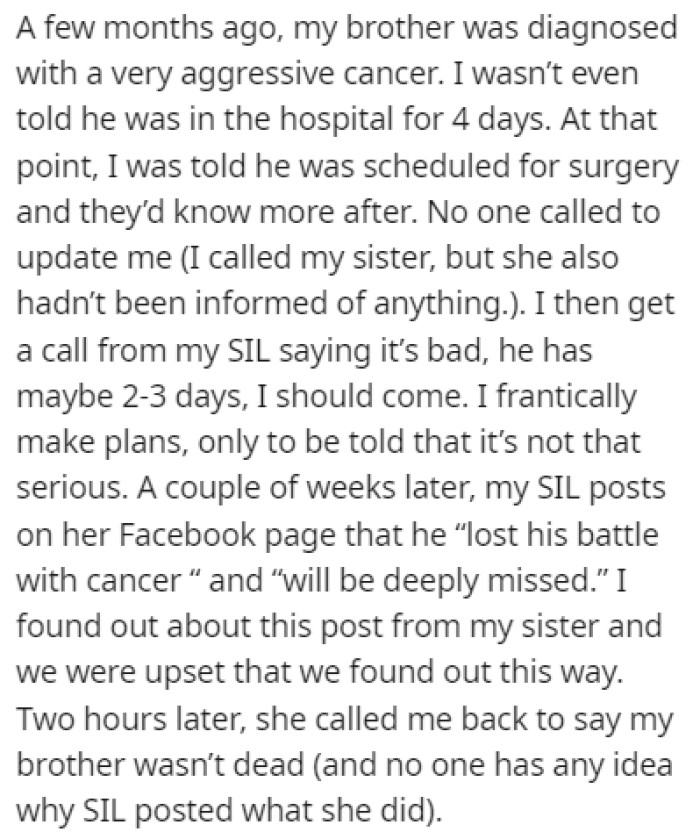 OP's brother was recently diagnosed with cancer