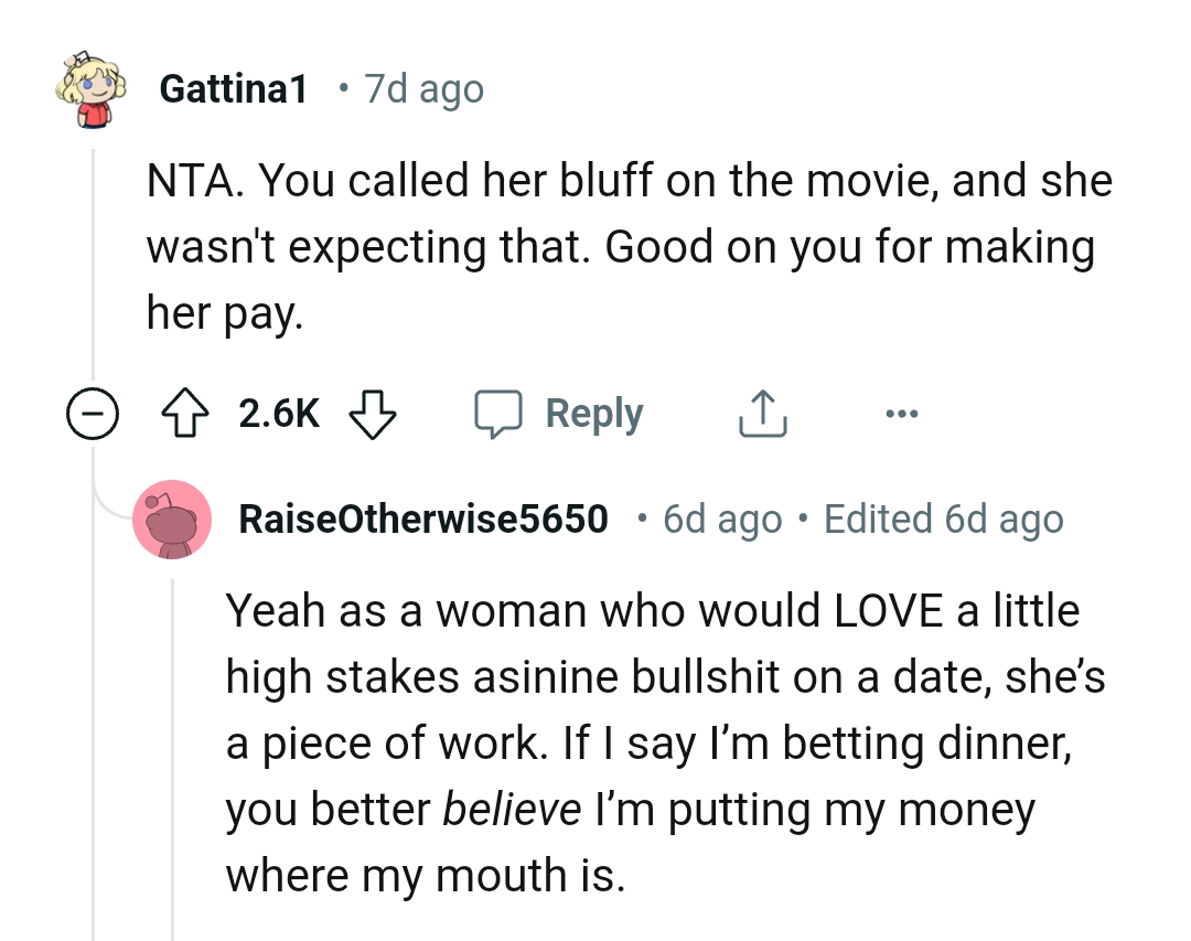 Good on the OP for making her pay for the bet she lost