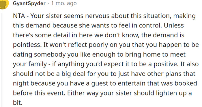 OP's sister is nervous about the dinner and wants to feel in control