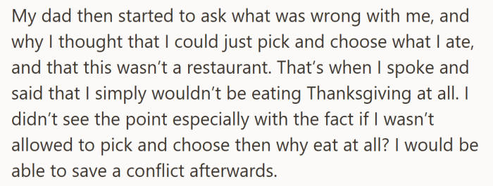 When her dad insists that Thanksgiving isn’t a place for preferences, she decides it may be easier not to join at all.