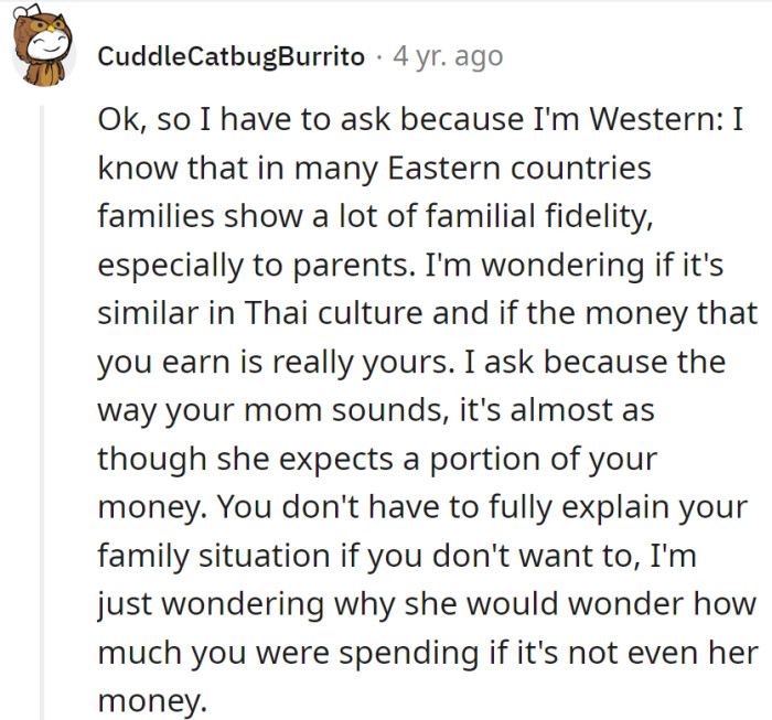 In Thai culture, familial fidelity is real, but Mom's financial forecast seems to include a hefty inheritance tax!
