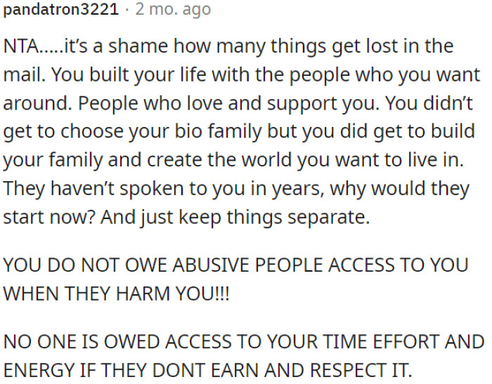 They haven't been in touch for years, so there's no reason to start now.