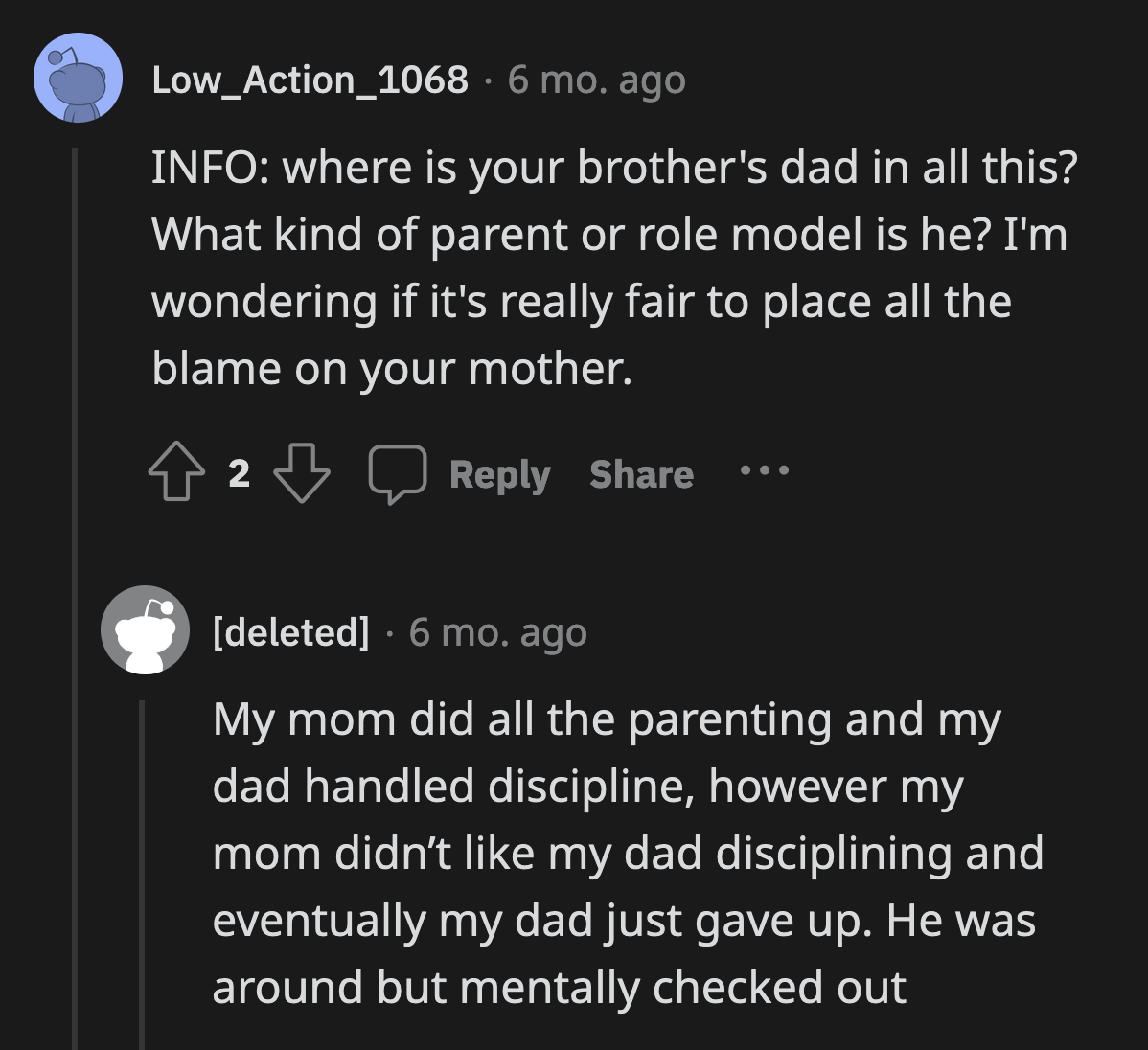 OP said her dad can't be expected to intervene. He wasn't exactly an active parent when they were kids, and he let their mom take the reins.