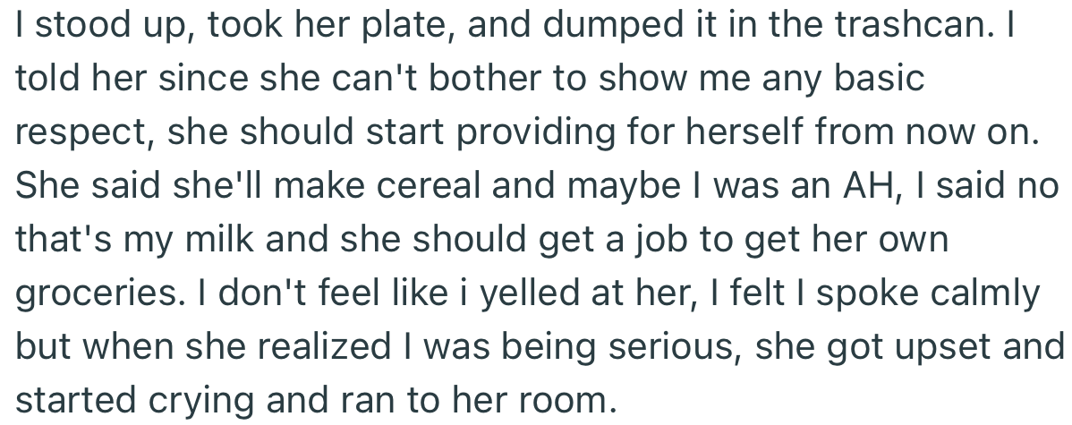 OP punished his daughter by dumping her plate in the trash and banning her from touching any other food in the house