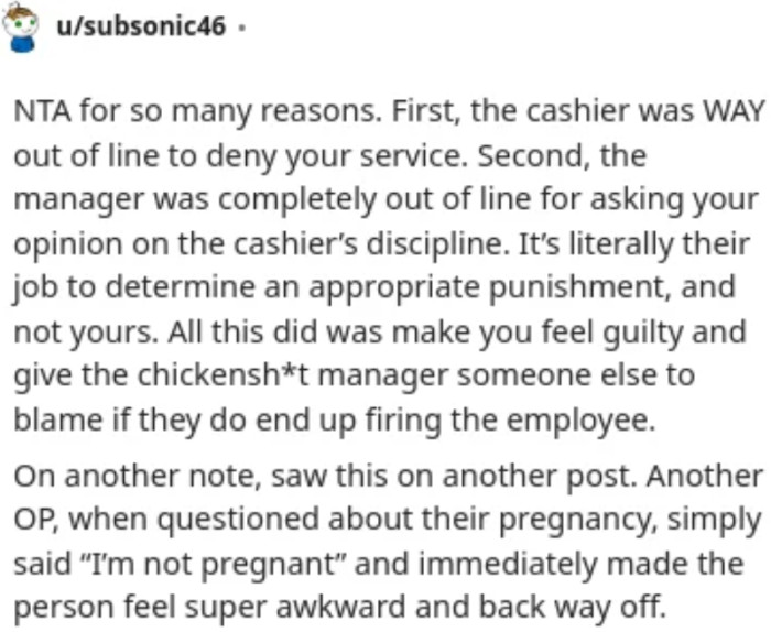 Cashier refused service to a pregnant woman, and the manager sought her perspective