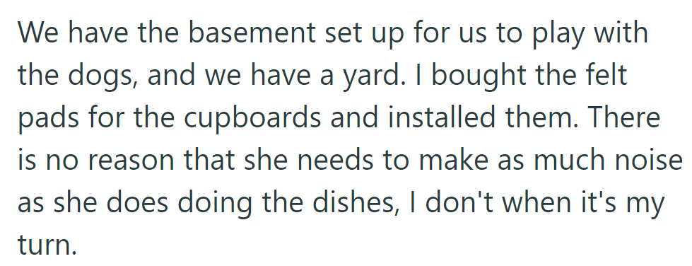 Dogs play in the basement and yard. Cupboards have felt pads for noise reduction; no need for loud dishwashing.