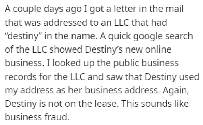 A Few Days Later, OP Received a Letter Addressed to an LLC Owned by Destiny
